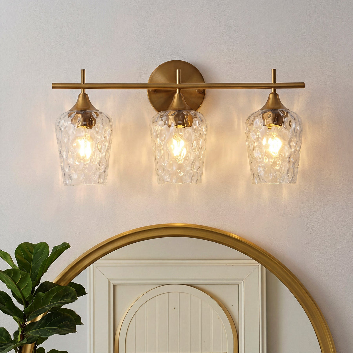 Brushed Brass Bathroom Vanity Light, Three-Light Water Ripple Glass
