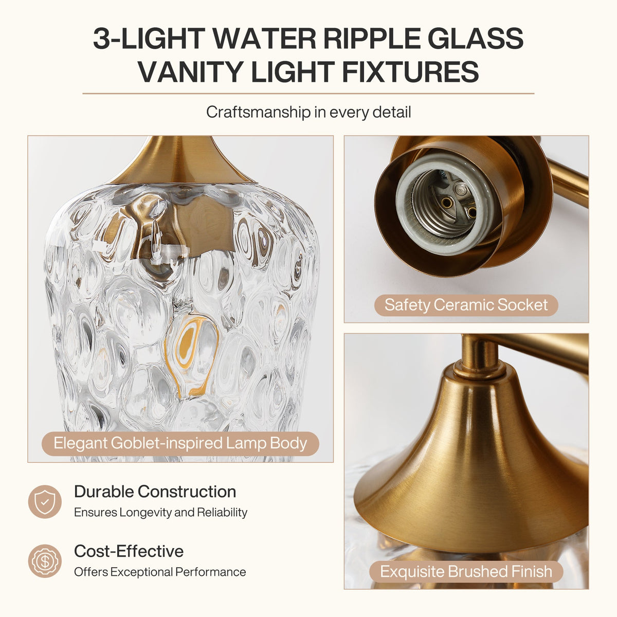 Close-up of brushed brass base of three-light vanity light with water ripple glass shade