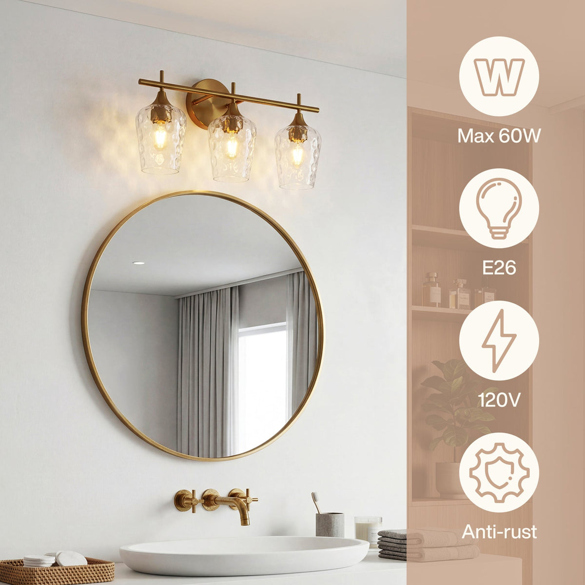 Brushed brass vanity light with three water ripple glass shades above a round mirror in a bathroom