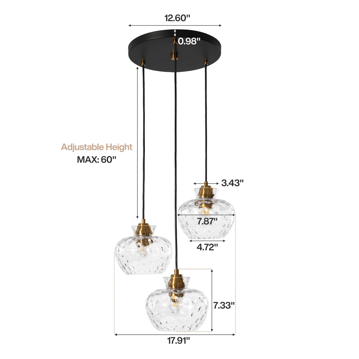 Black and gold three-light pendant with water ripple glass shades, 12.60" wide, adjustable height max 60