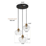 Black and gold three-light pendant with water ripple glass shades, 12.60" wide, adjustable height max 60