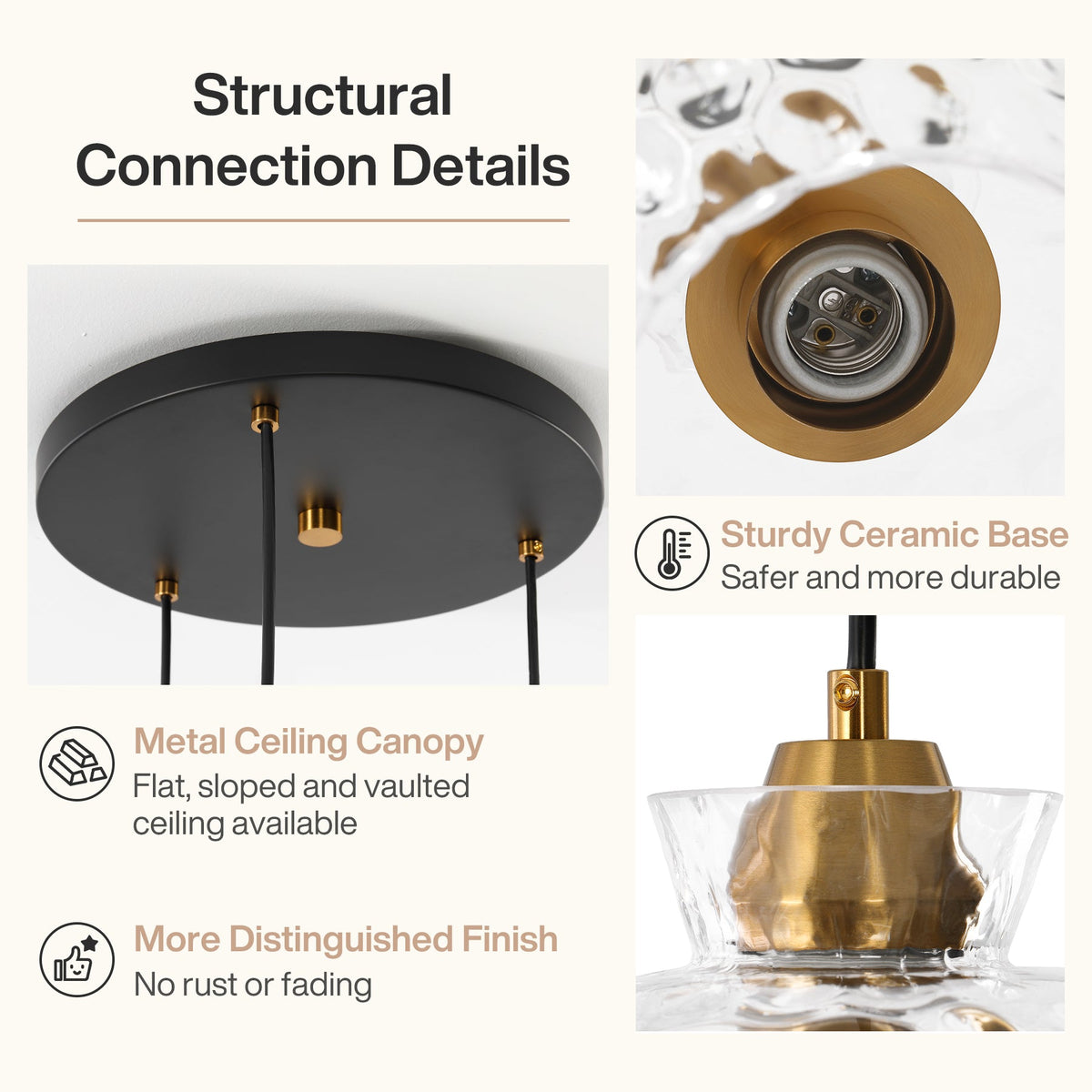 Close-up of black and gold pendant light's ceramic base and metal canopy connection