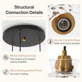 Close-up of black and gold pendant light's ceramic base and metal canopy connection