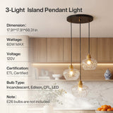 Black and gold three-light pendant with water ripple glass shades in a kitchen setting, 17.91 x 17.91 x 68.31 in