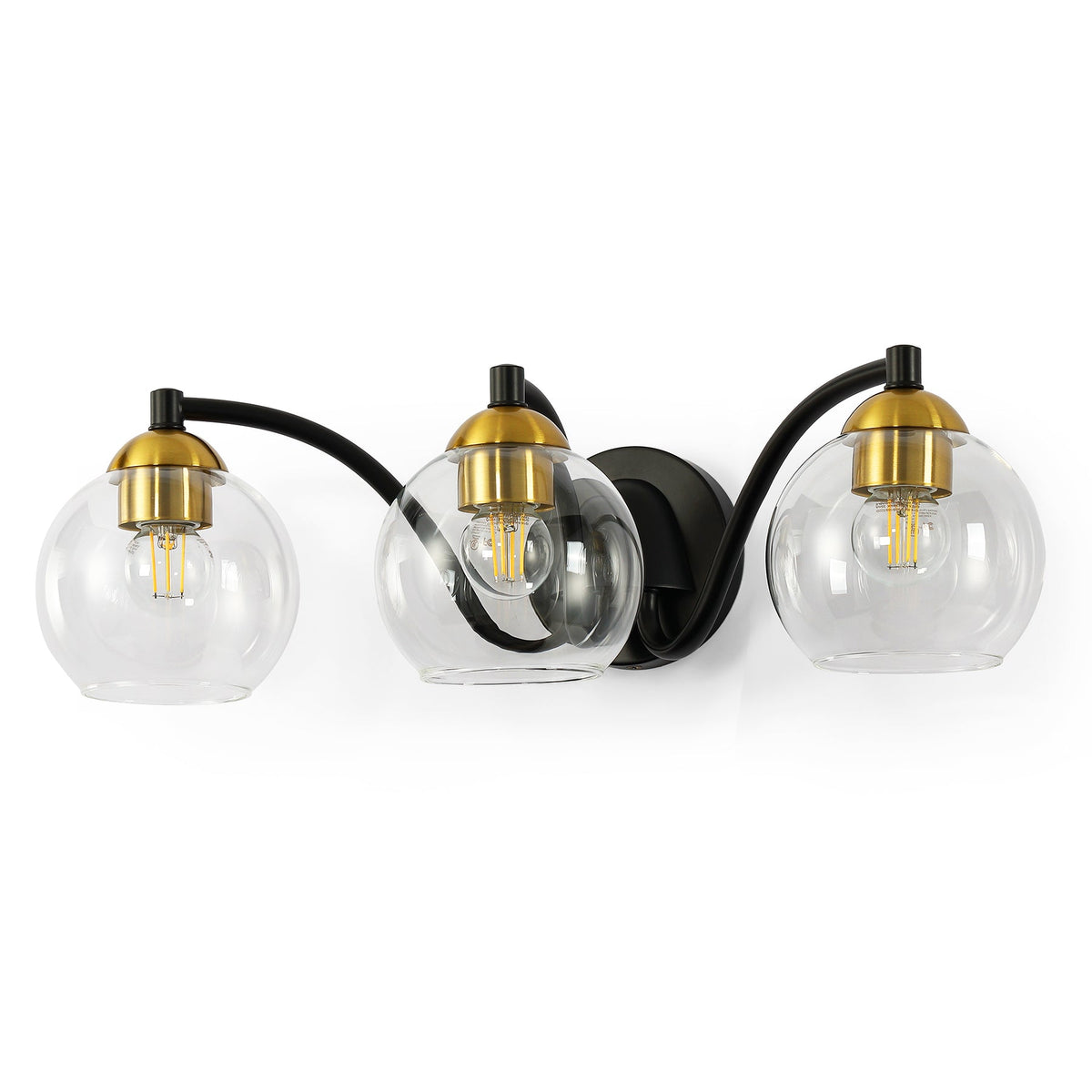 Black and brass three-light vanity light with clear globe shades, shown from front angle