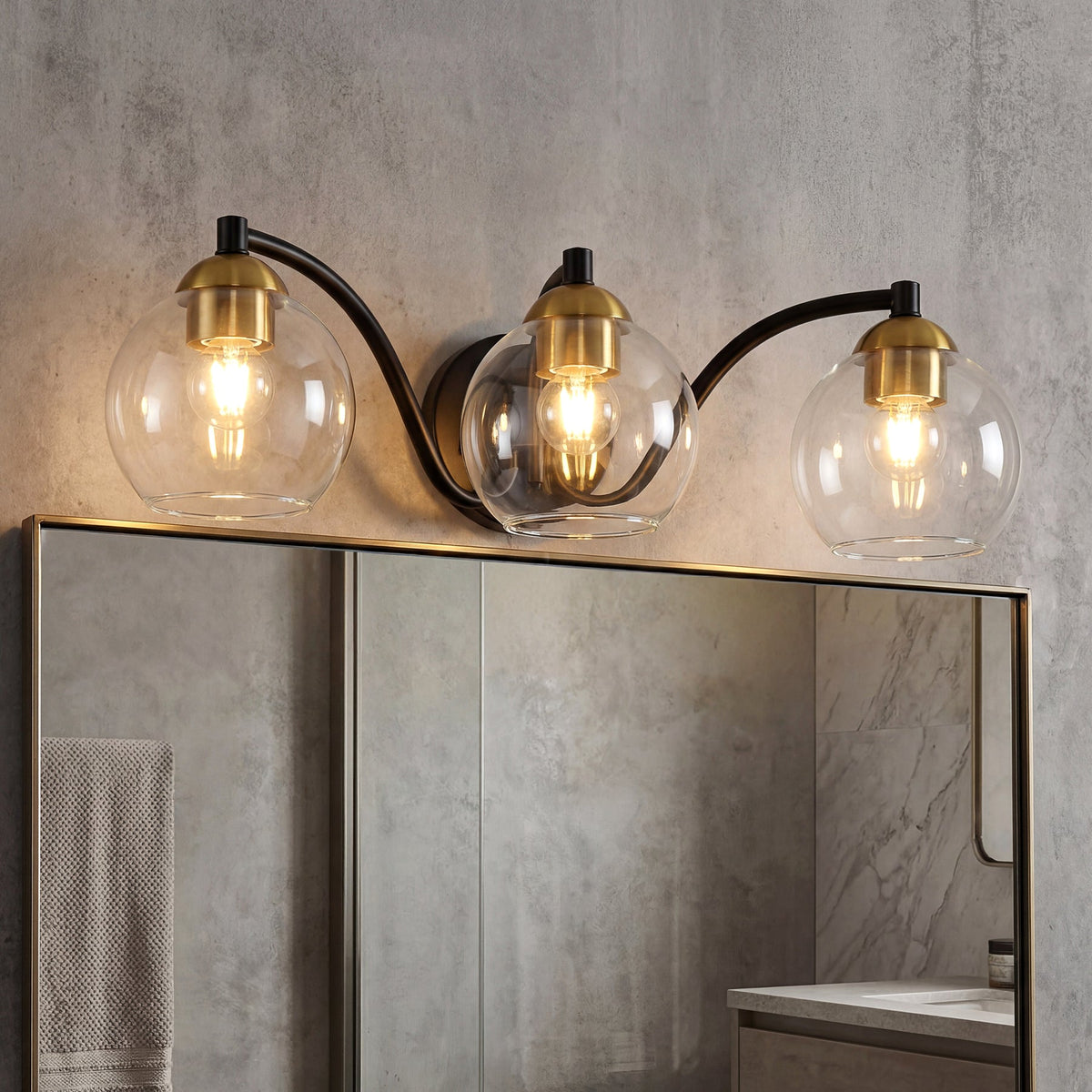 Black and Brass Bathroom Vanity Light, Three-Light Clear Globe Shades