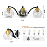 Black and brass three-light vanity light with clear globe shades, 21.65" wide, E26 base