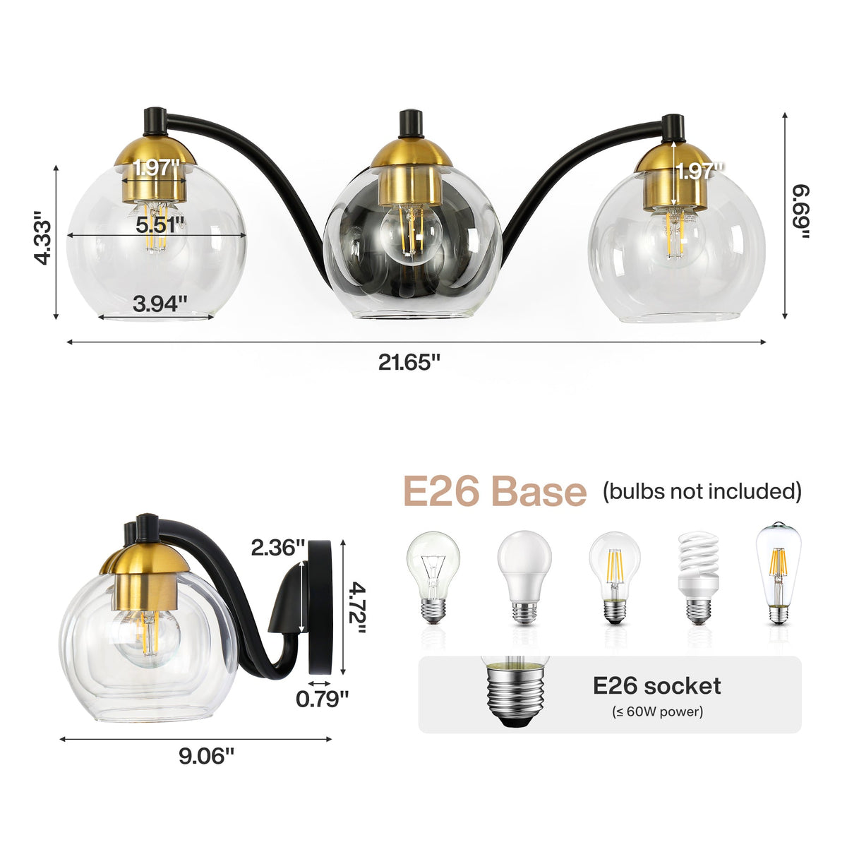 Black and Brass Bathroom Vanity Light, Three-Light Clear Globe Shades