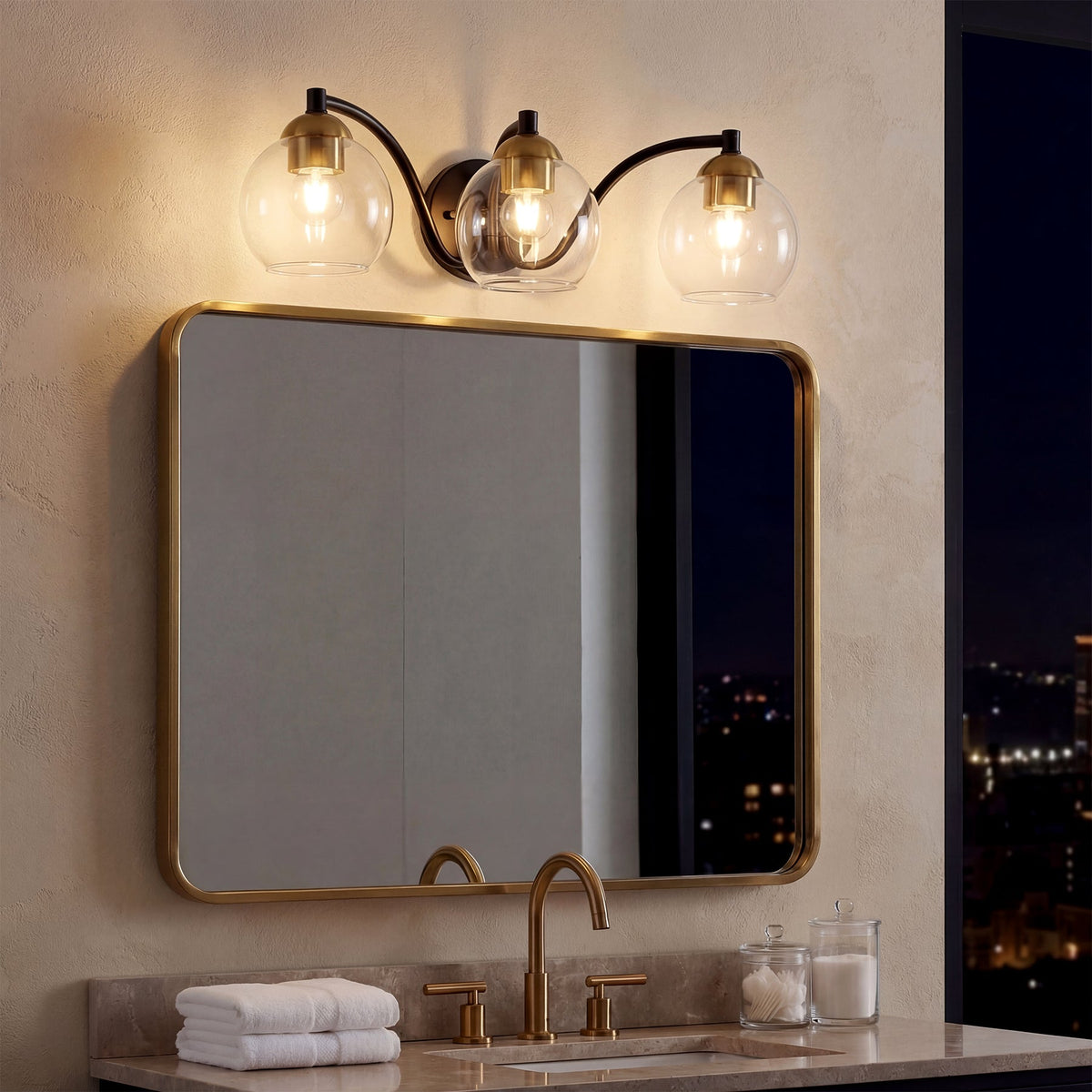 Black and Brass Bathroom Vanity Light, Three-Light Clear Globe Shades