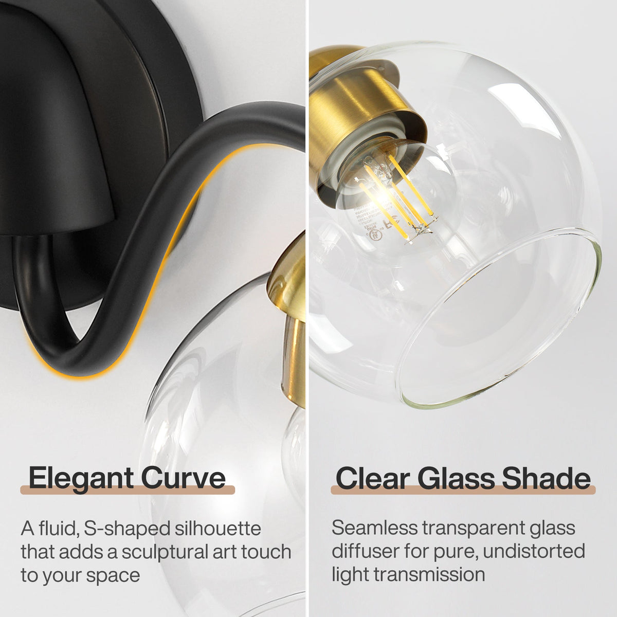 Close-up of black and brass bathroom vanity light with clear glass shades