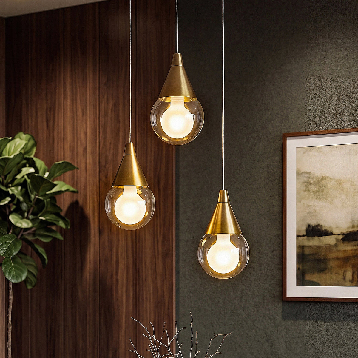 Brushed Brass Three-Light Glass Pendant Light with Integrated LED