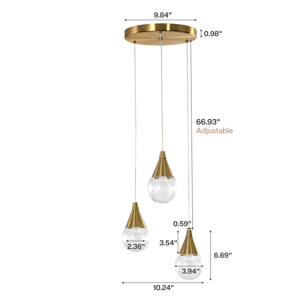 Brushed Brass Three-Light Glass Pendant Light with Integrated LED