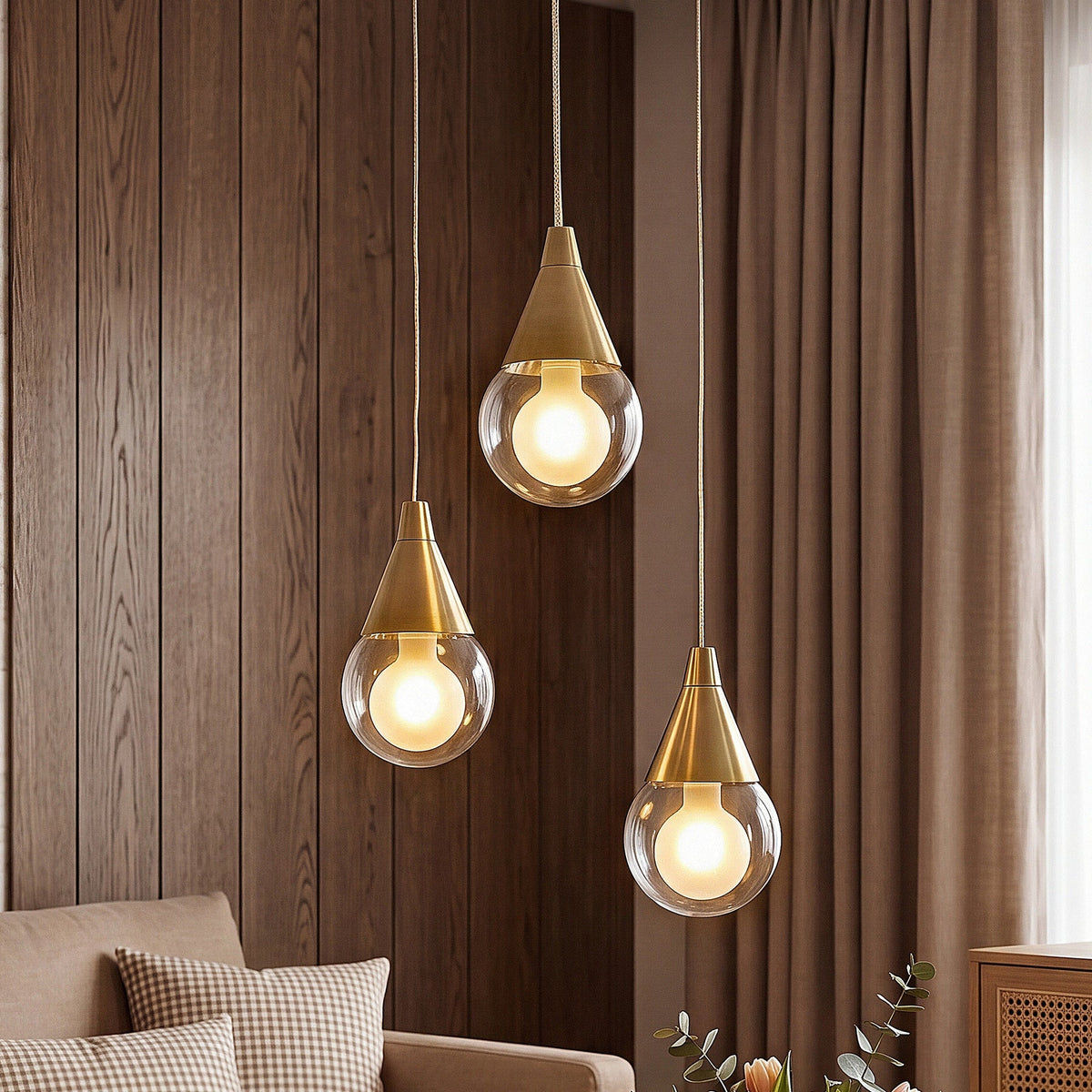 Brushed Brass Three-Light Glass Pendant Light with Integrated LED