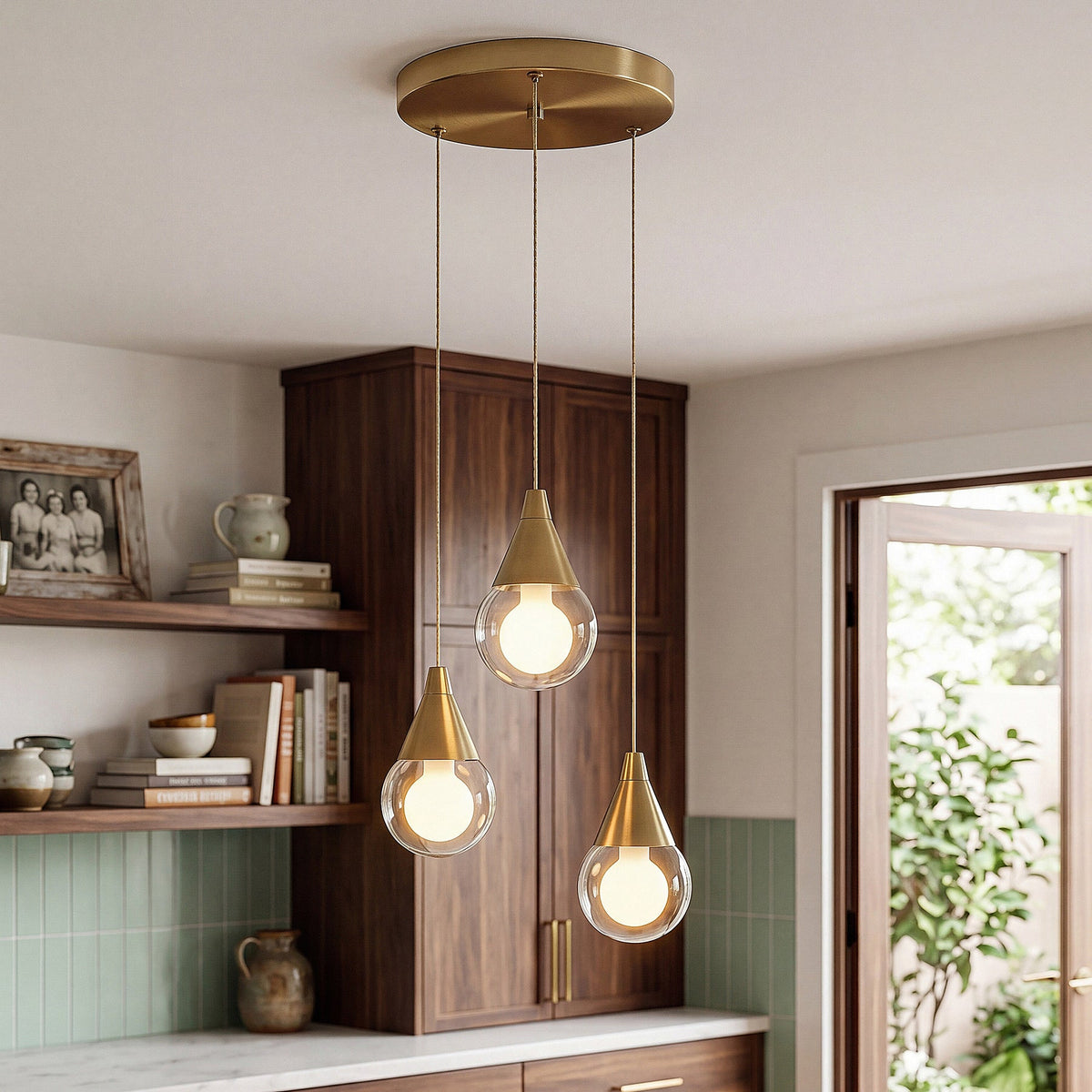 Brushed brass three-light pendant with glass shades hanging in a kitchen