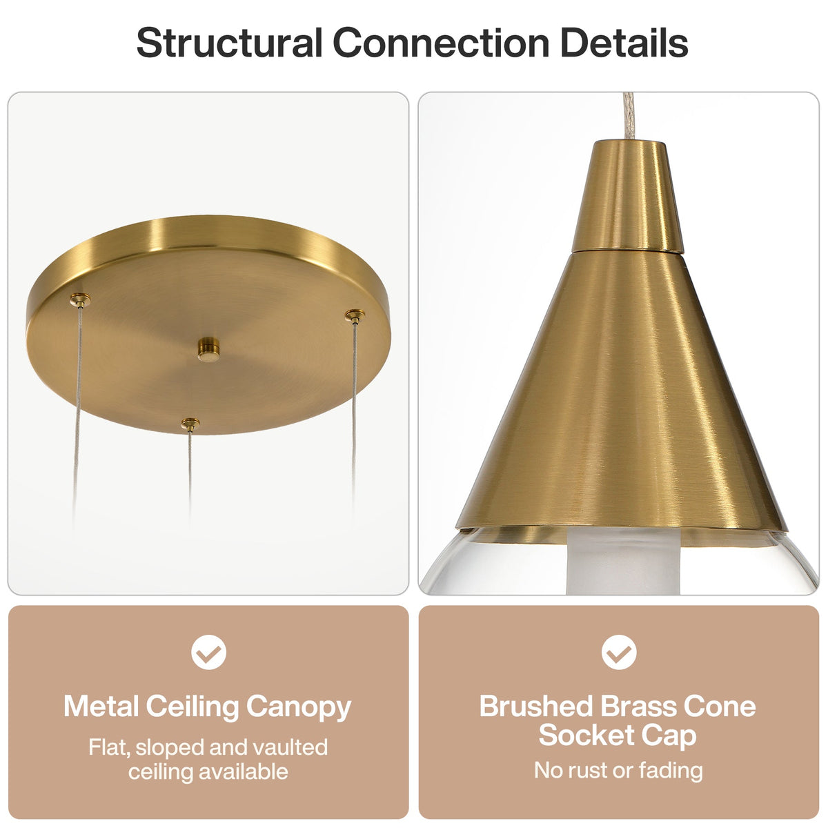 Brushed brass cone socket cap of a pendant light, showing no rust or fading
