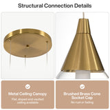 Brushed brass cone socket cap of a pendant light, showing no rust or fading
