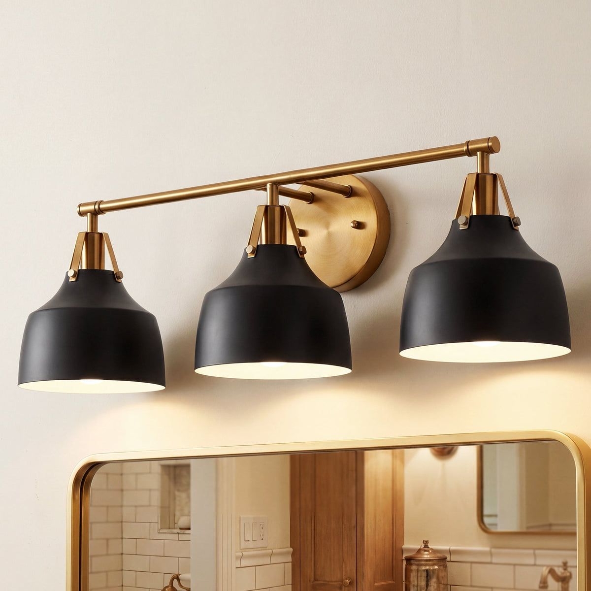 Black and Gold Bathroom Vanity Light, Three-Light Metal Bell Shades
