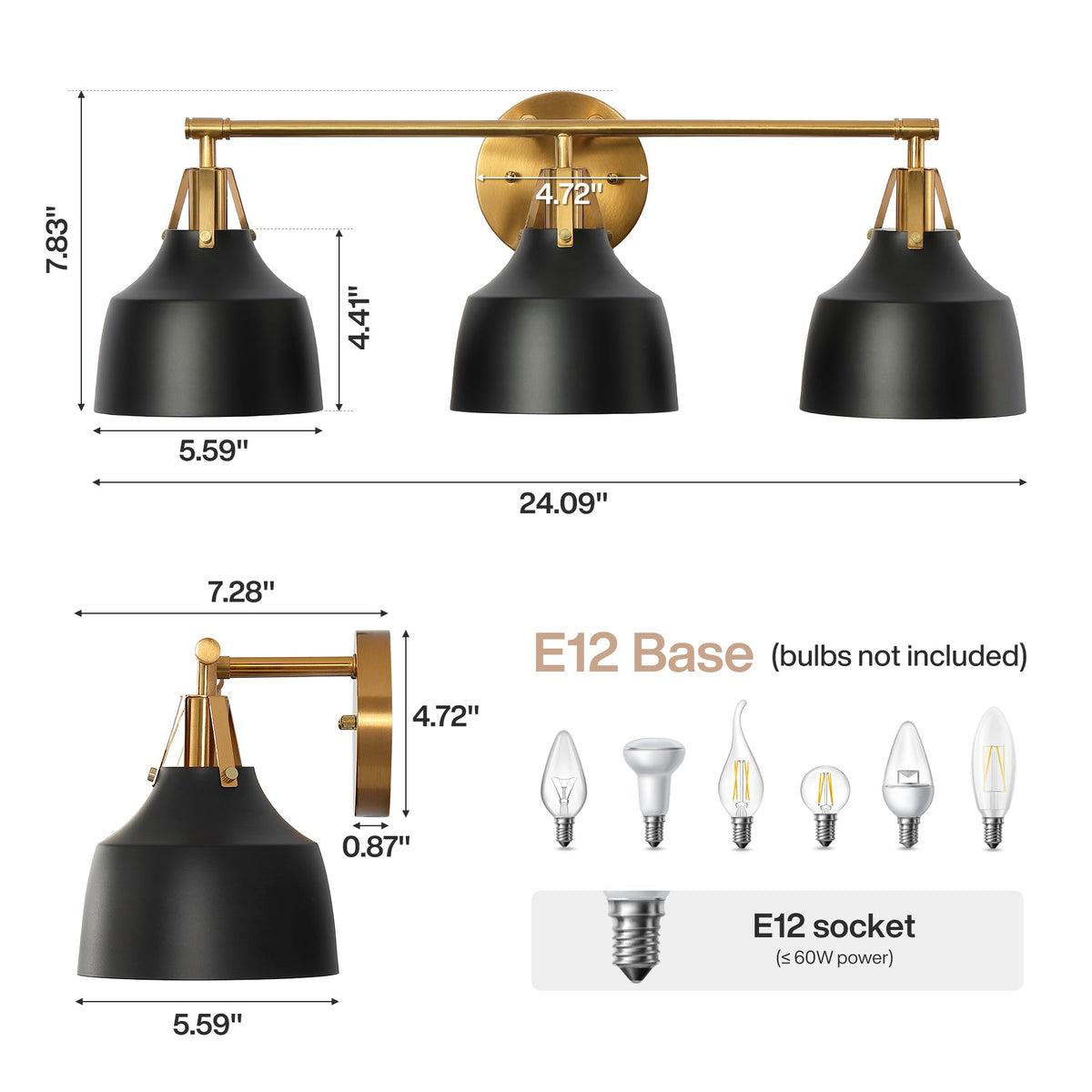 Black and Gold Bathroom Vanity Light, Three-Light Metal Bell Shades