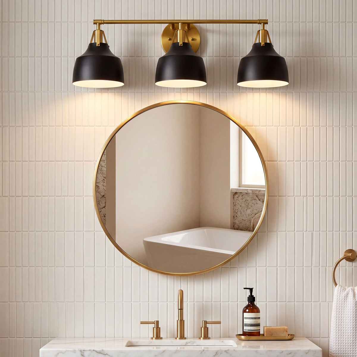 Black and Gold Bathroom Vanity Light, Three-Light Metal Bell Shades