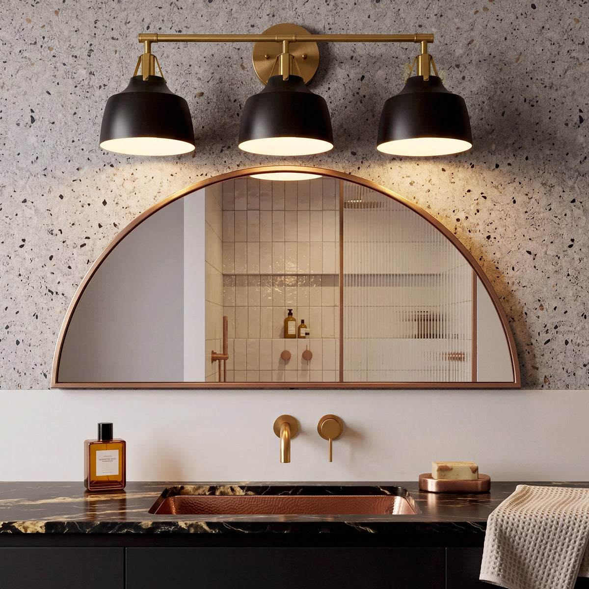 Black and Gold Bathroom Vanity Light, Three-Light Metal Bell Shades