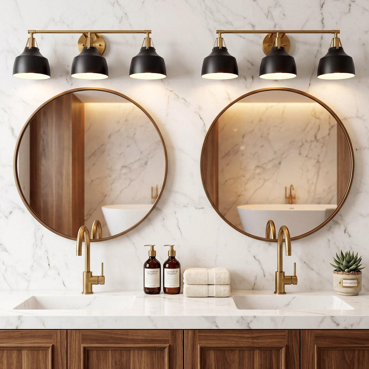 Black and gold bathroom vanity light with three bell-shaped shades mounted above mirrors