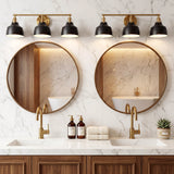 Black and gold bathroom vanity light with three bell-shaped shades mounted above mirrors