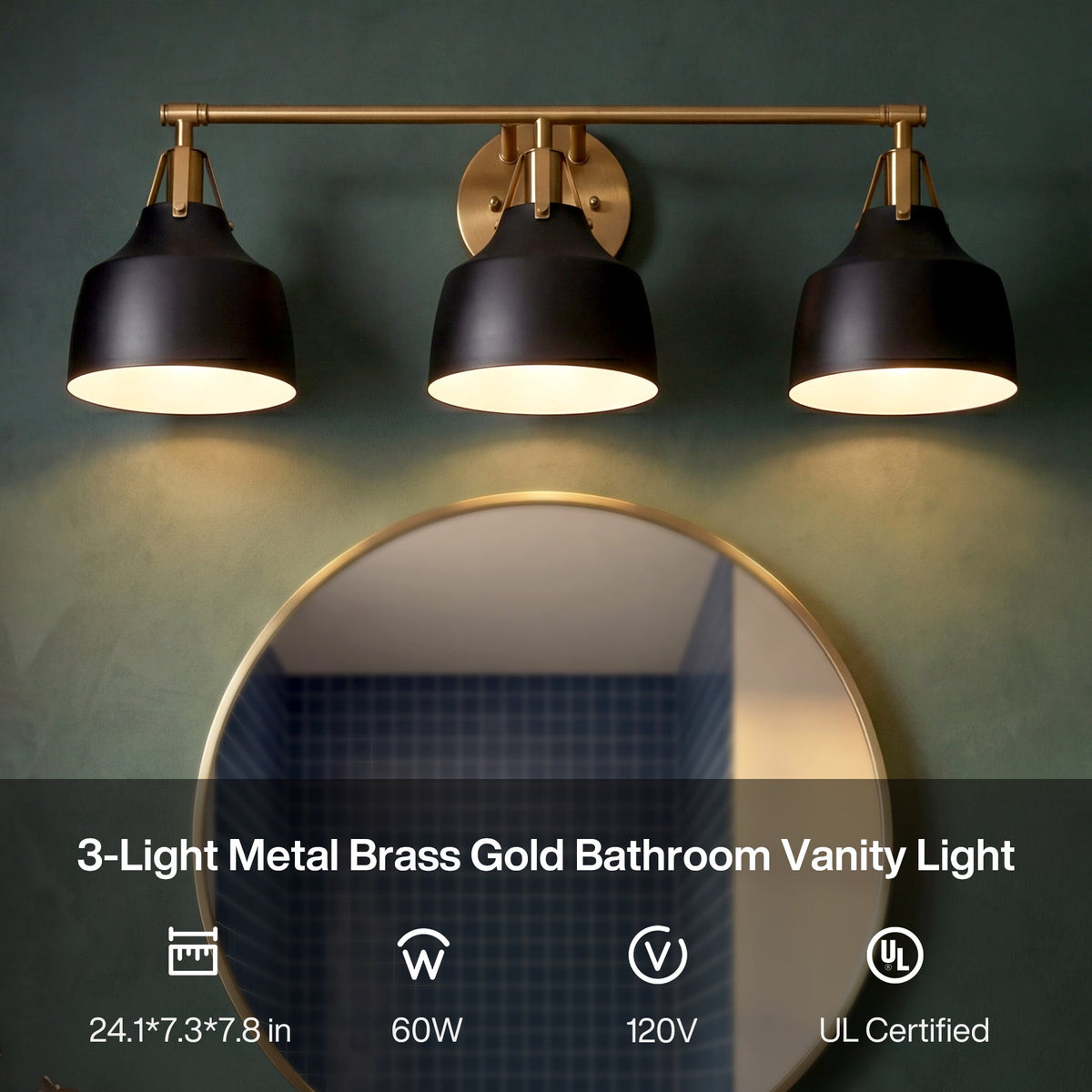 Three-light black and gold bathroom vanity light with bell shades above a round mirror, 24.1x7.3x7.8 in