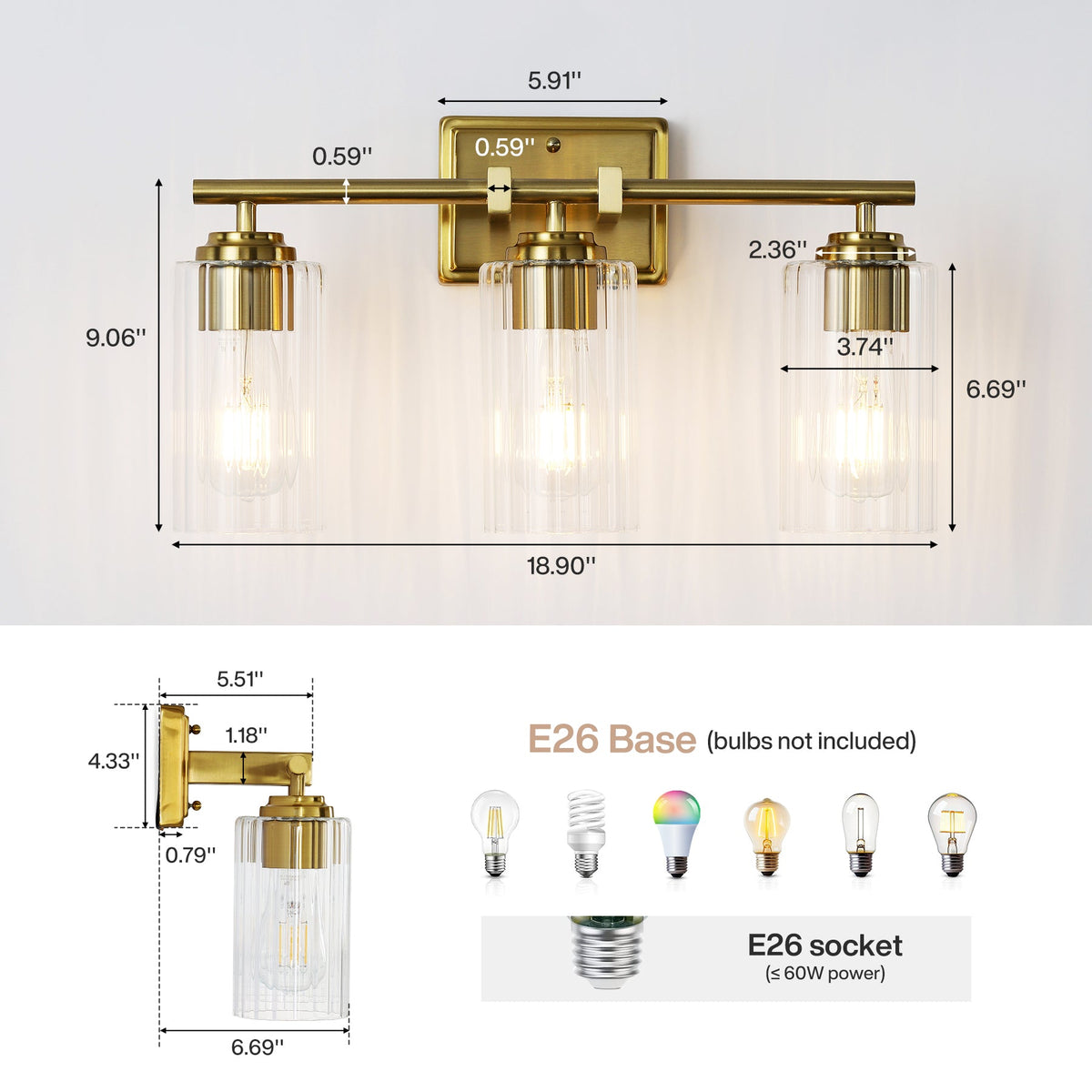 Brushed gold bathroom vanity light with three ribbed glass shades, 18.90" wide, 9.06" high, E26 base