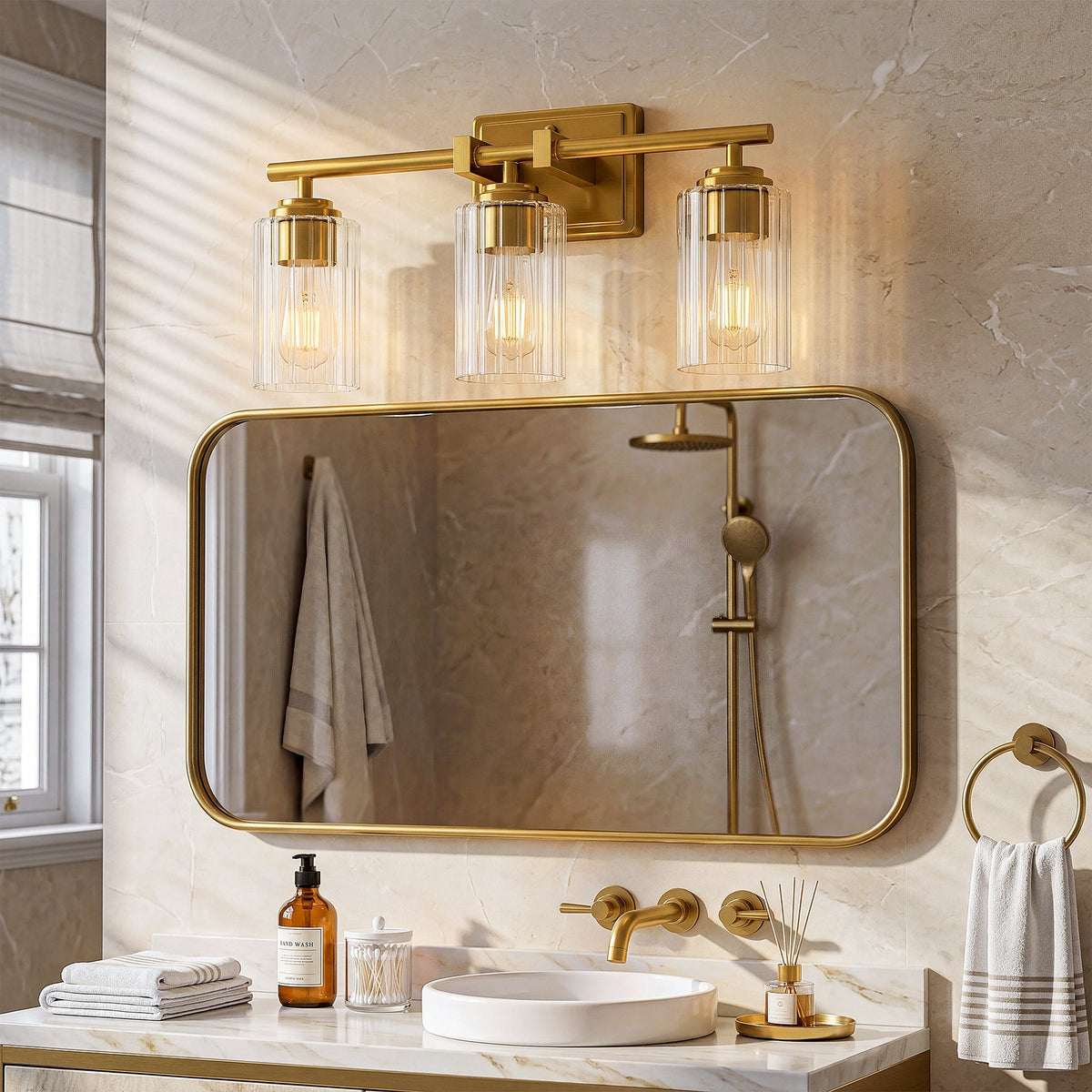 Brushed Gold Bathroom Vanity Light, Three Adjustable Ribbed Glass Shades