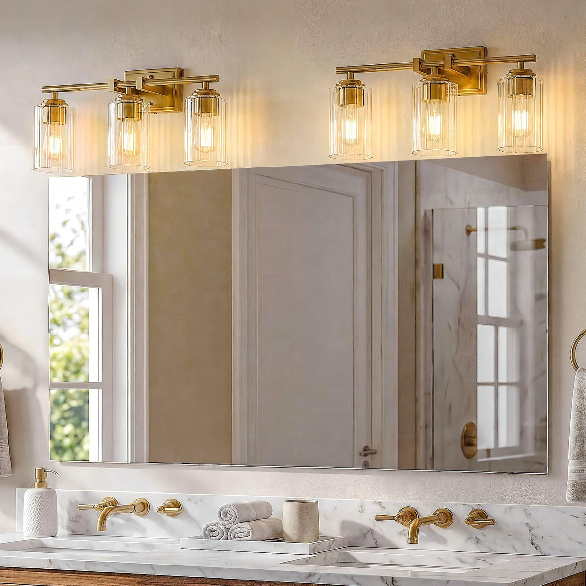 Brushed Gold Bathroom Vanity Light, Three Adjustable Ribbed Glass Shades