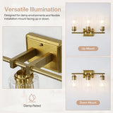 Brushed gold bathroom light with three ribbed glass shades, shown mounted upward