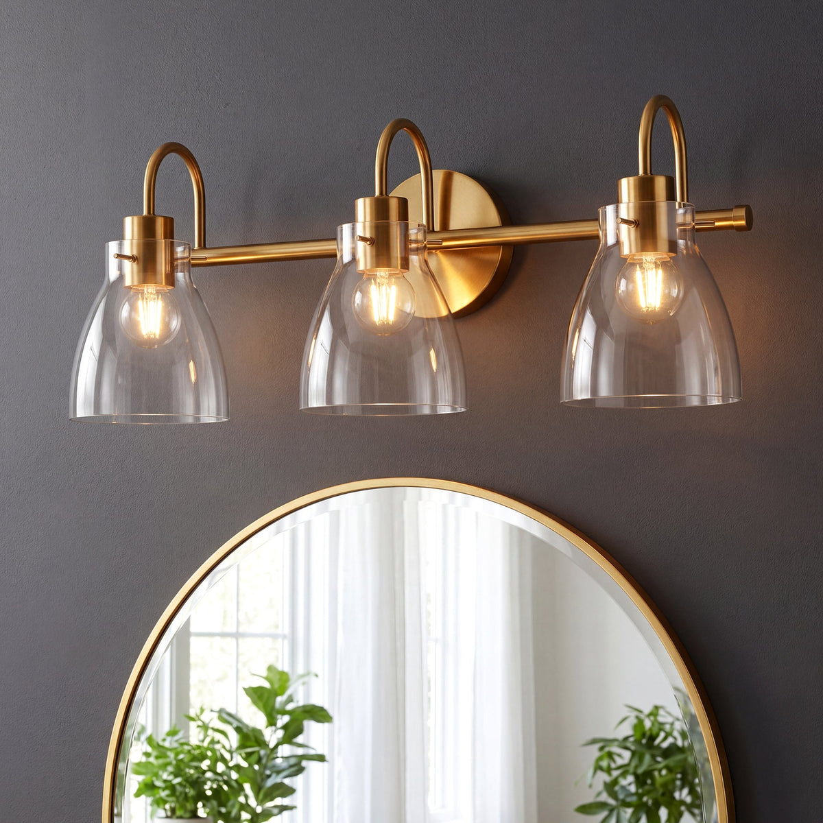 Brushed Brass Bathroom Vanity Light, Three-Light Clear Glass Shades