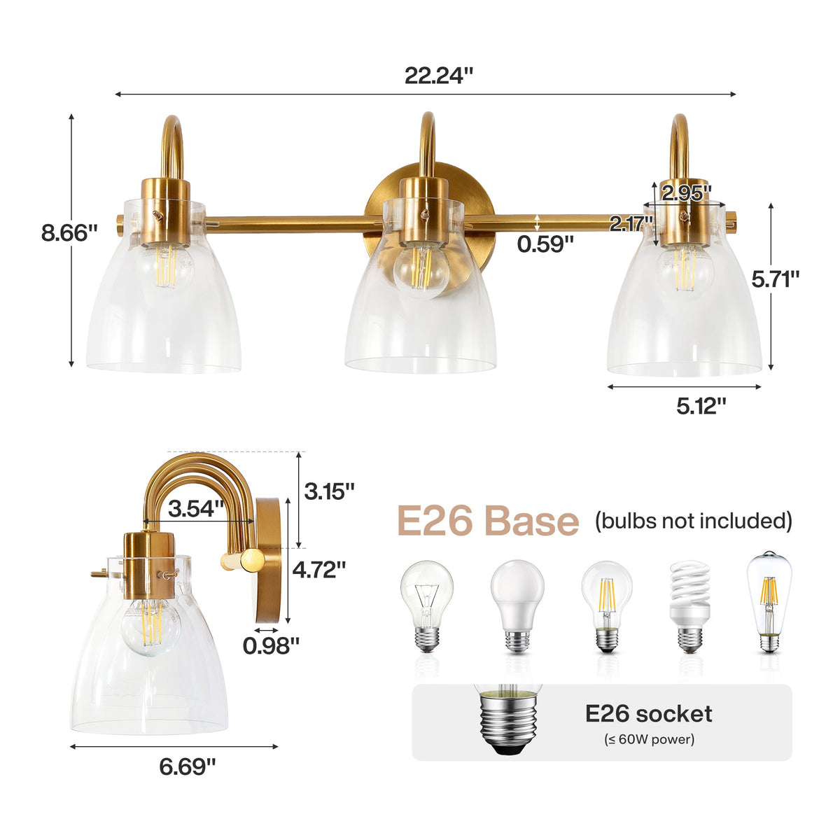 Brushed Brass Bathroom Vanity Light, Three-Light Clear Glass Shades