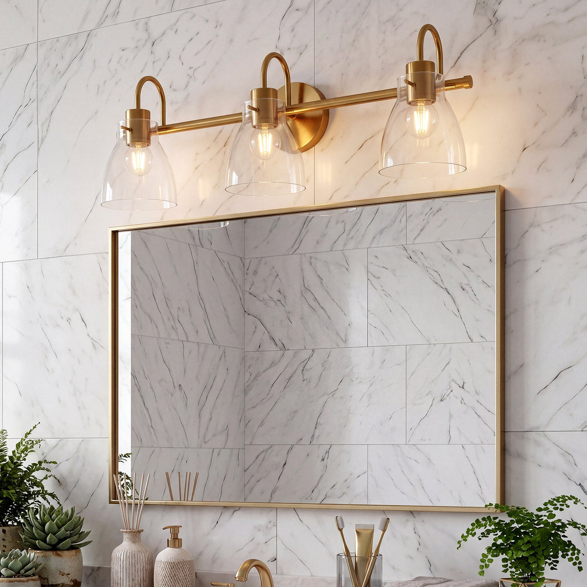 Brushed Brass Bathroom Vanity Light, Three-Light Clear Glass Shades