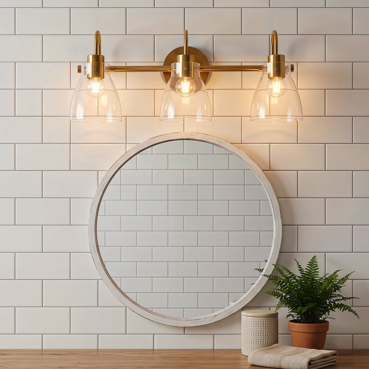 Brushed Brass Bathroom Vanity Light, Three-Light Clear Glass Shades