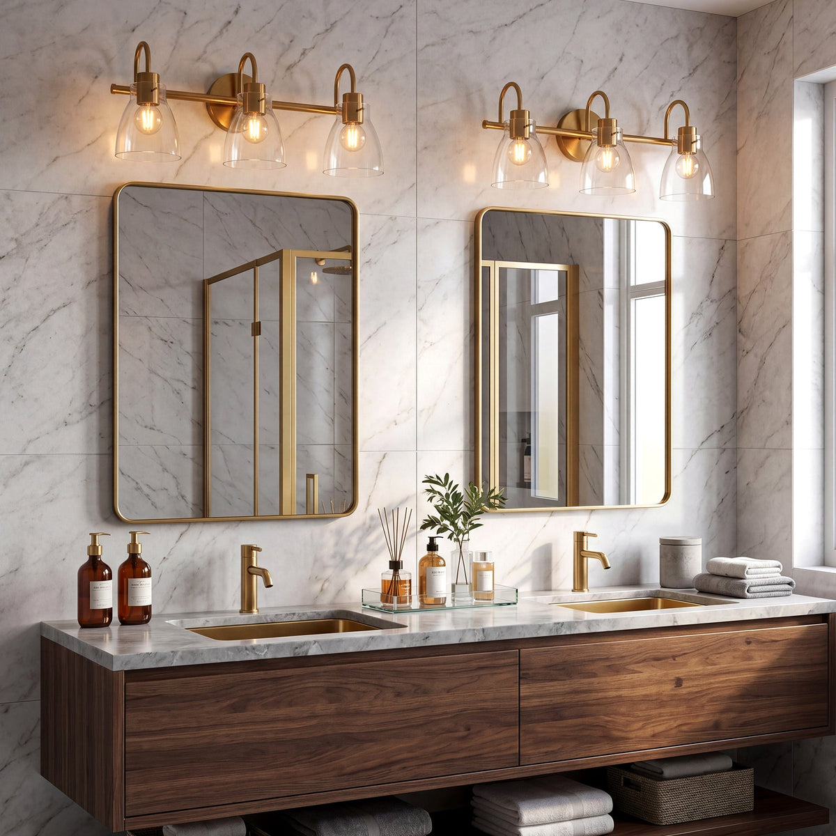 Brushed brass bathroom vanity light with three clear glass shades mounted above mirrors