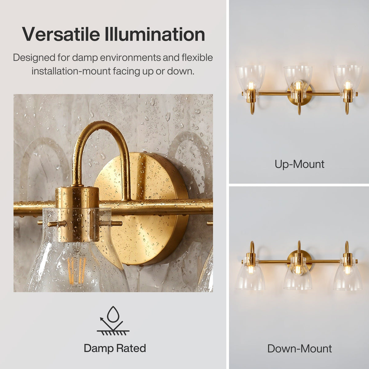 Three-light brushed brass vanity light with clear glass shades mounted upward on a wet wall