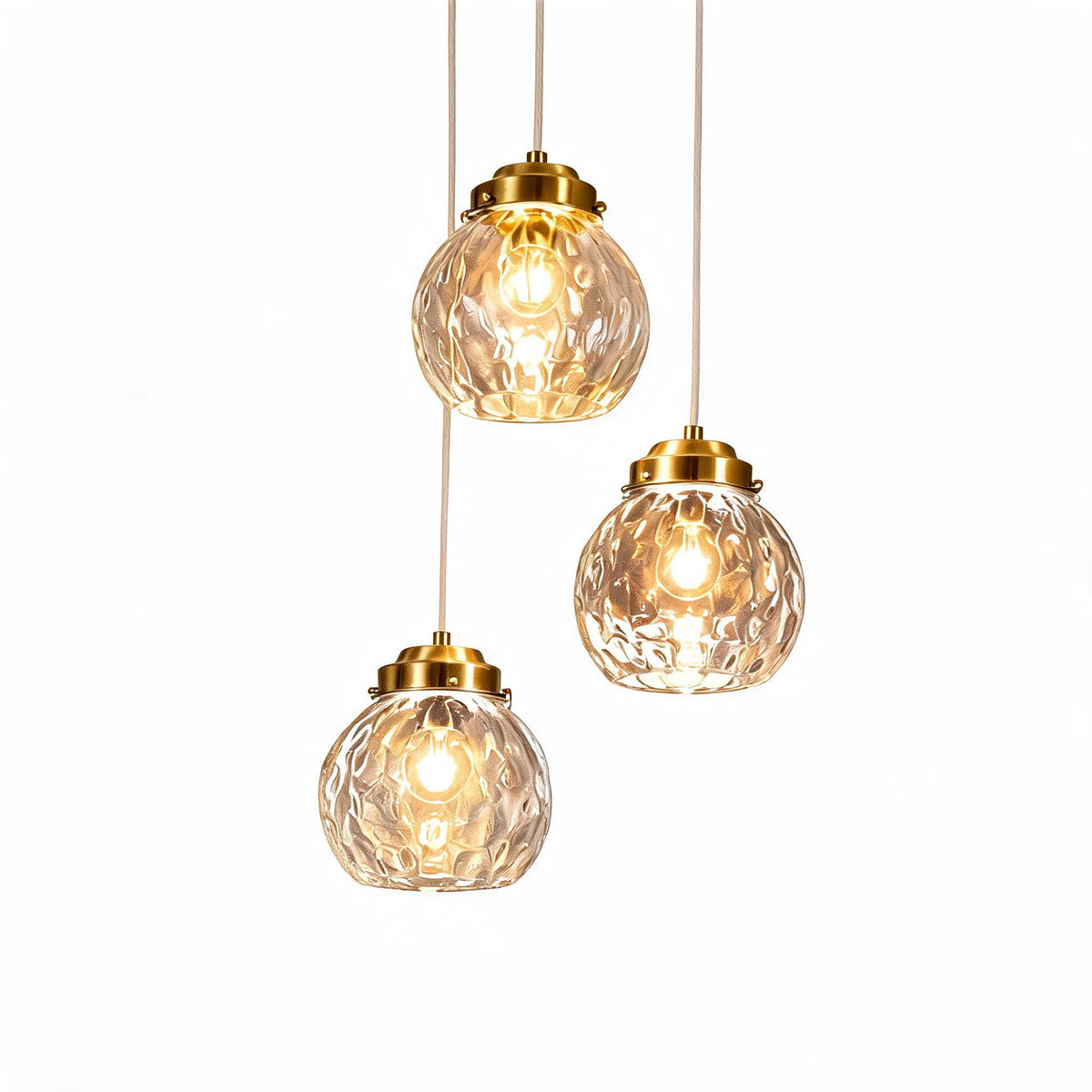Brushed Brass Three-Light Hammered Glass Pendant Light, Adjustable