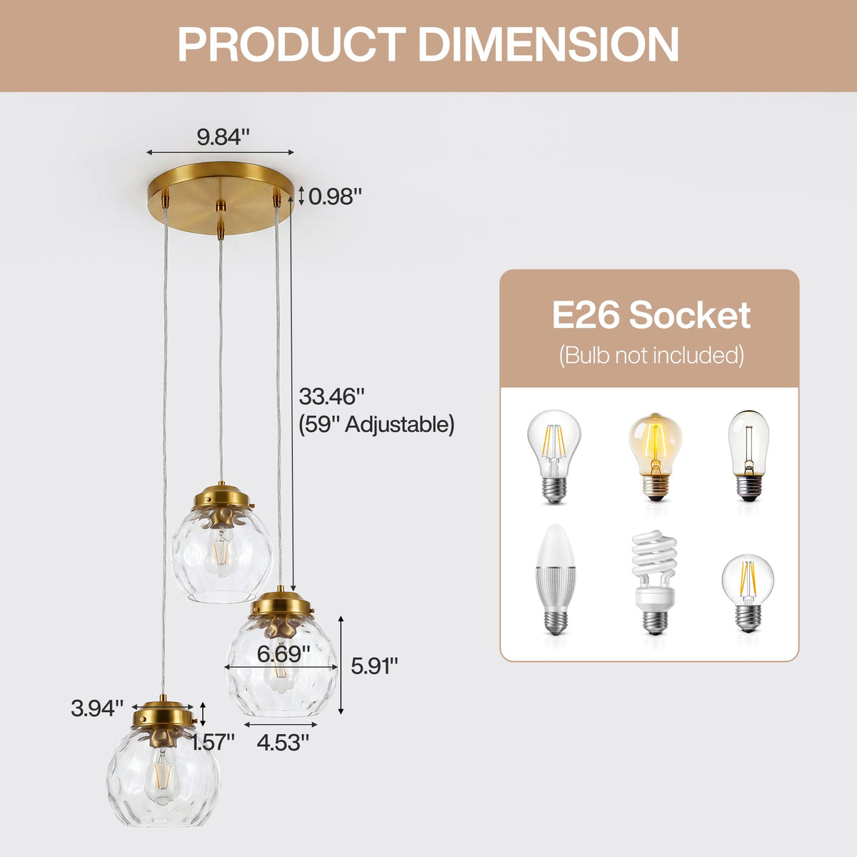 Brushed Brass Three-Light Hammered Glass Pendant Light, Adjustable