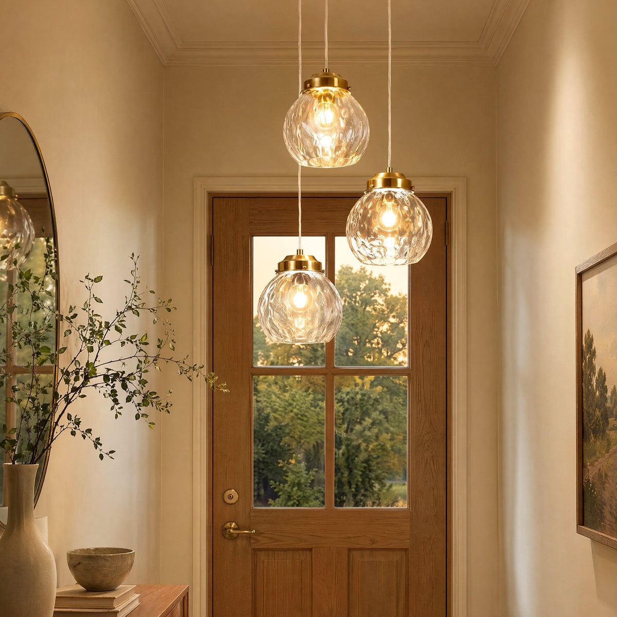 Brushed Brass Three-Light Hammered Glass Pendant Light, Adjustable
