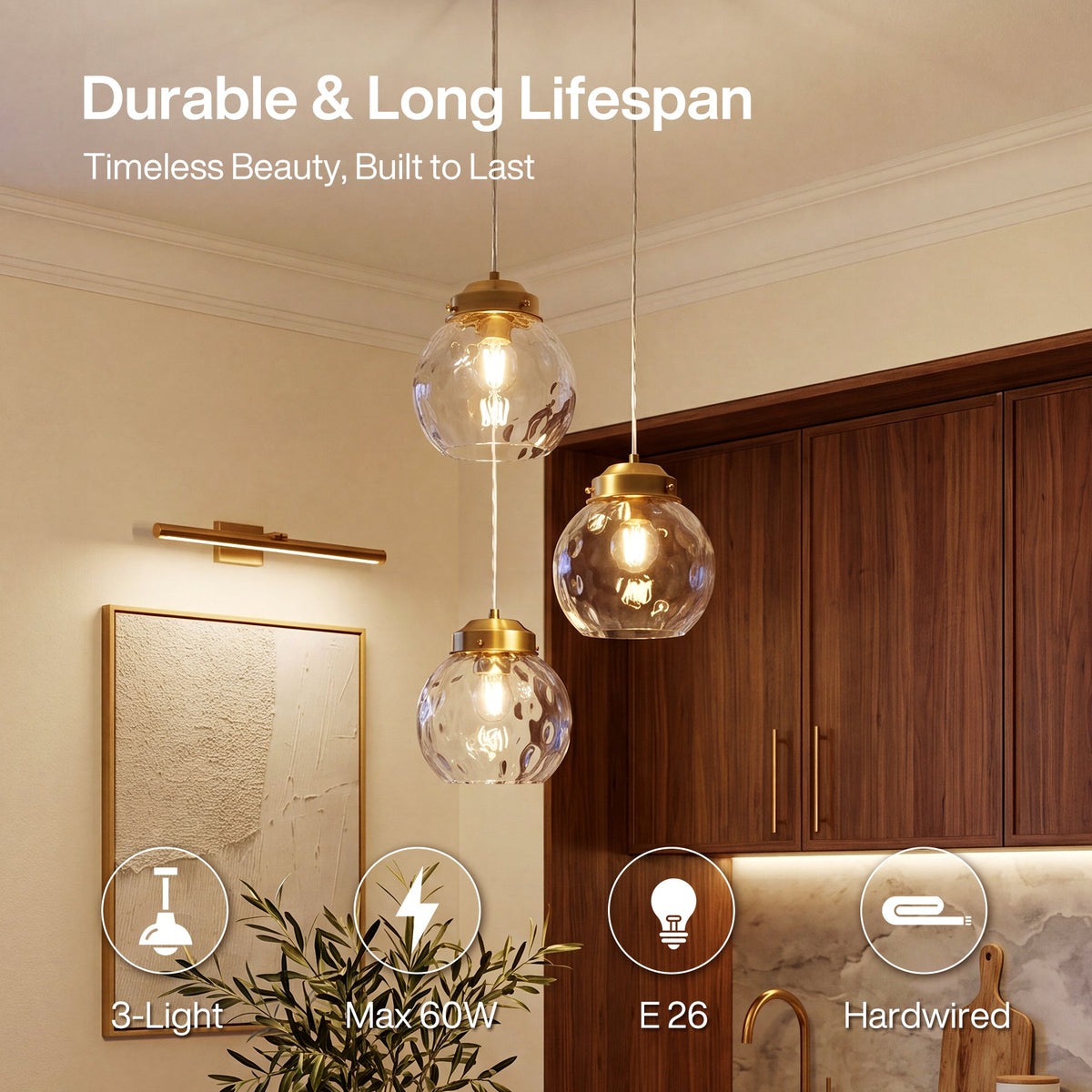 Three-light pendant light with brushed brass fixtures and hammered glass globes hanging in a kitchen
