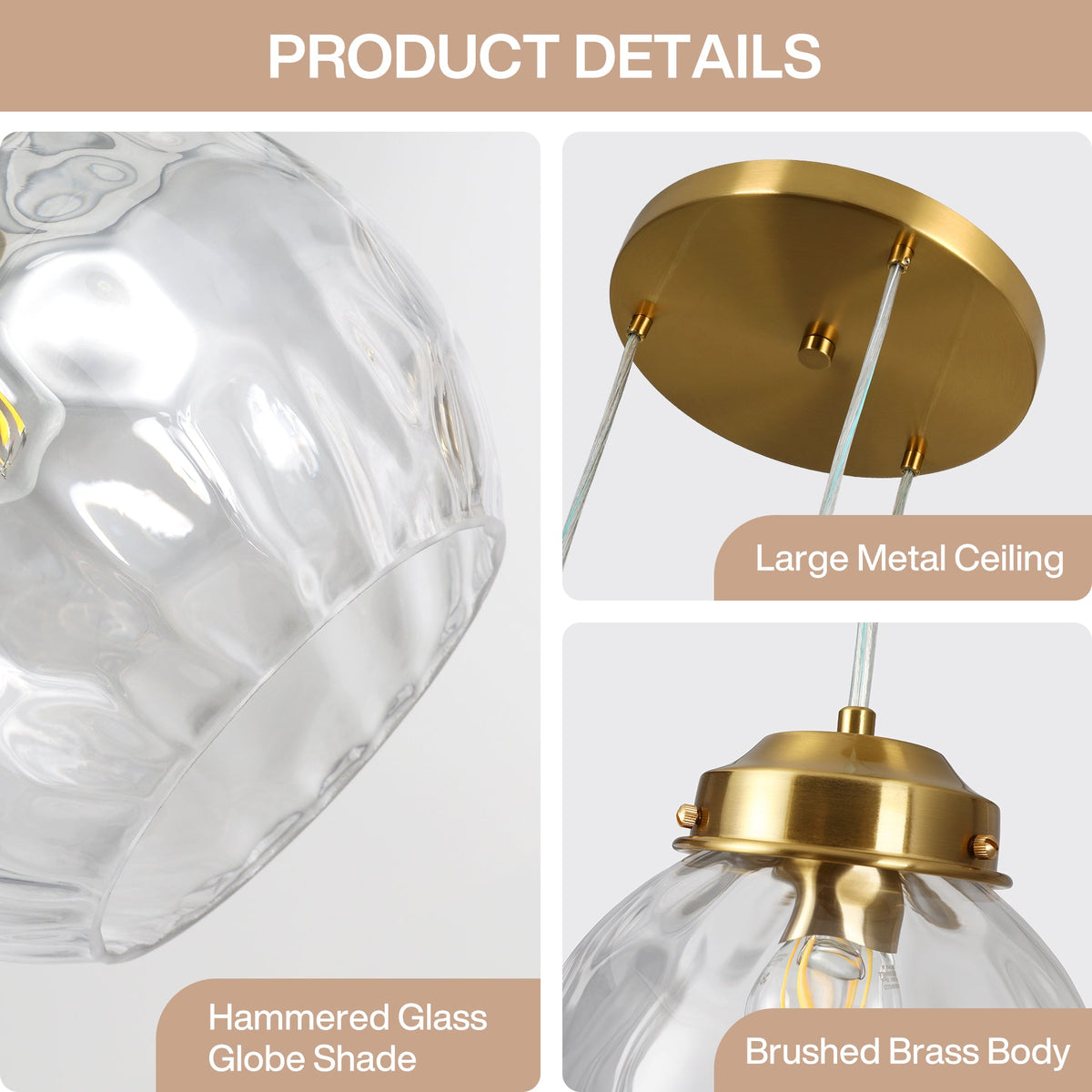 Close-up of brushed brass body of pendant light with hammered glass globe shade