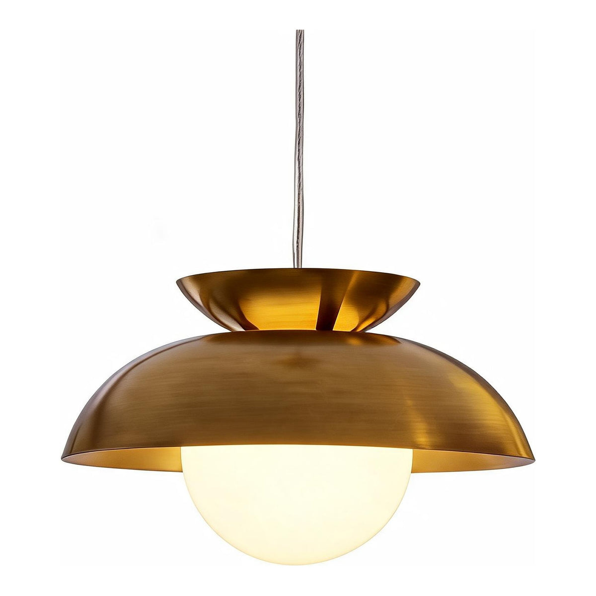 Brass dome pendant light with milk glass globe, shown from front angle