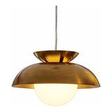 Brass dome pendant light with milk glass globe, shown from front angle