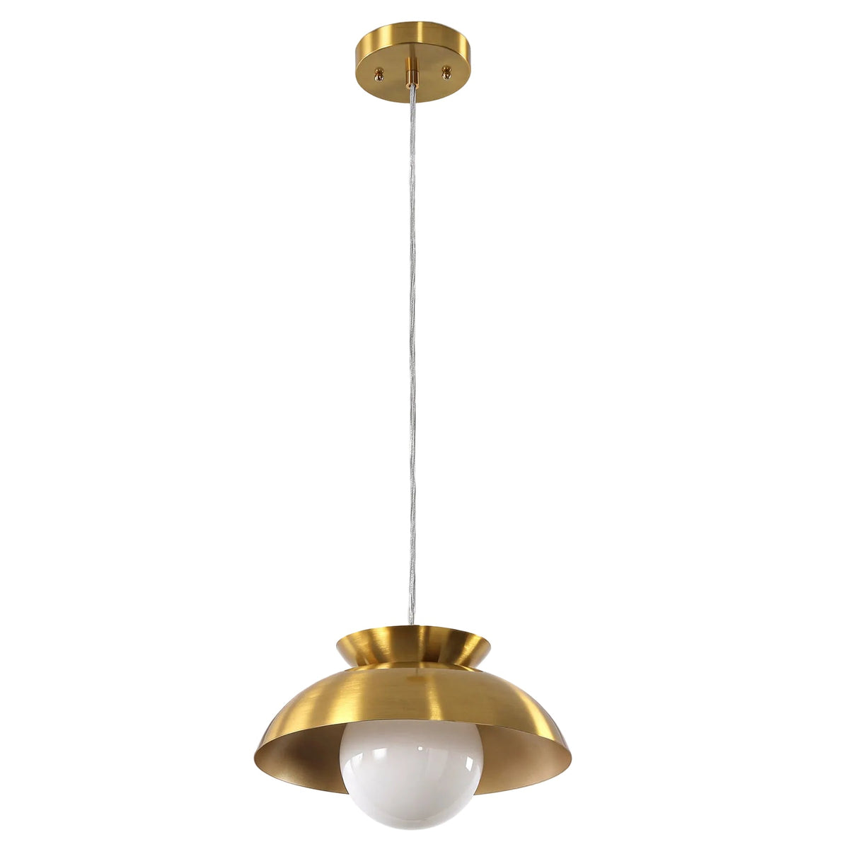 Brass dome pendant light with milk glass globe and adjustable cord, shown from front angle