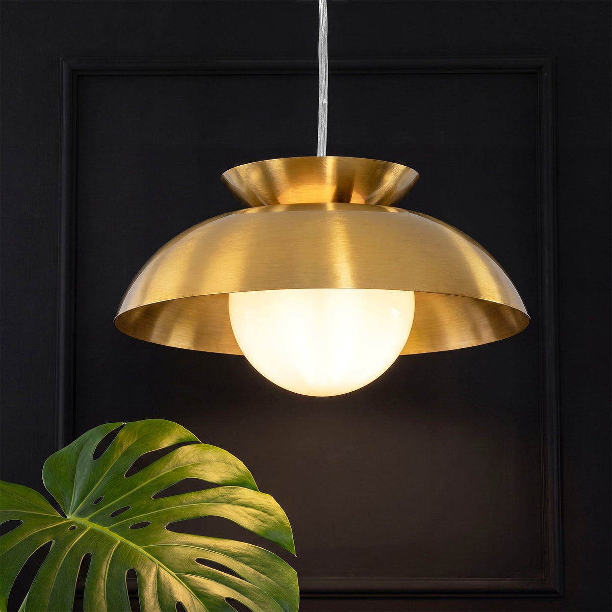 Brass Dome Pendant Light with Milk Glass Globe, Adjustable Cord