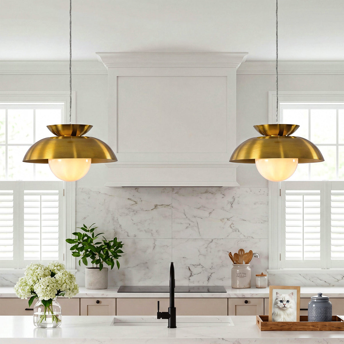 Brass Dome Pendant Light with Milk Glass Globe, Adjustable Cord
