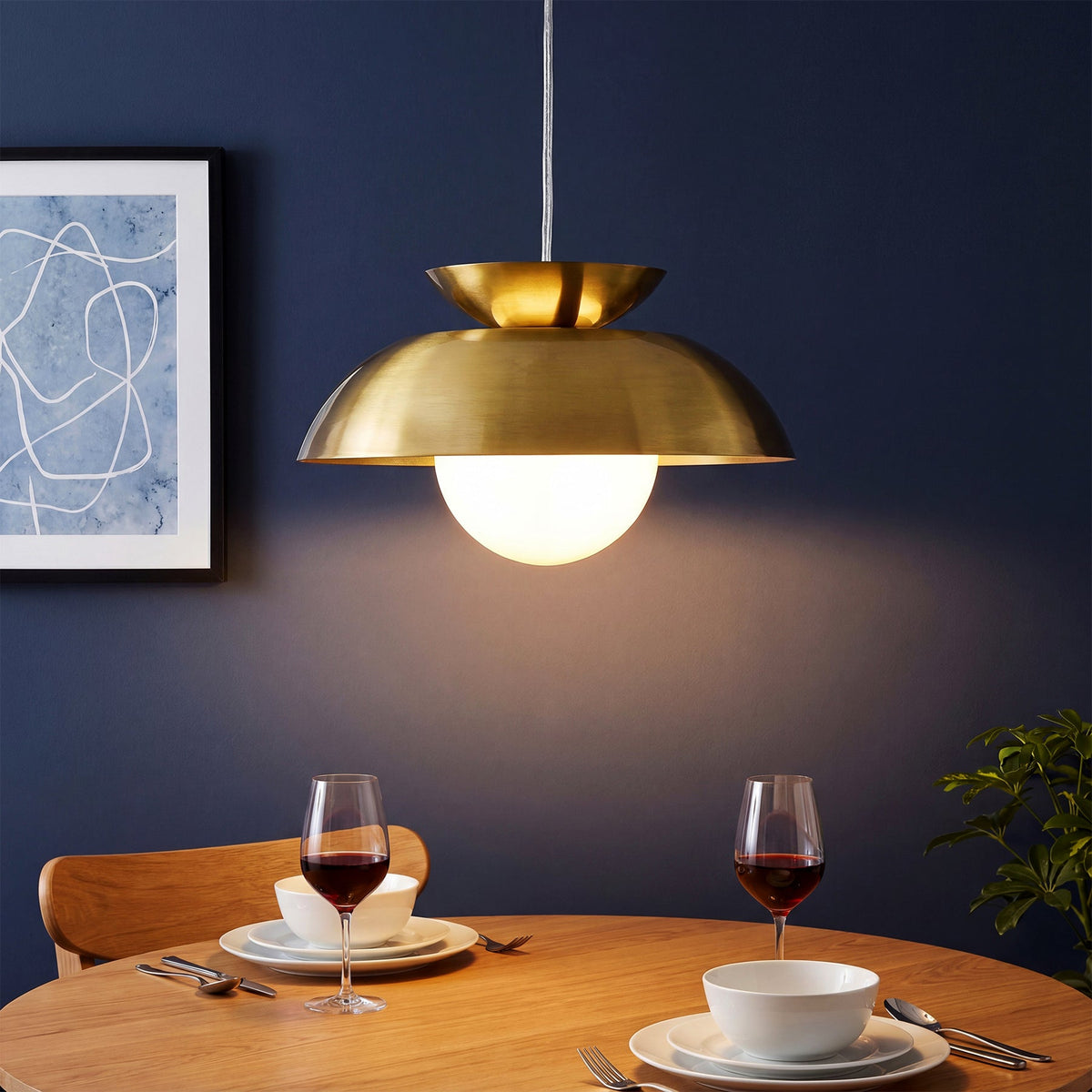 Brass Dome Pendant Light with Milk Glass Globe, Adjustable Cord