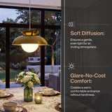 Brass dome pendant light with milk glass globe hanging over a dining table near large windows