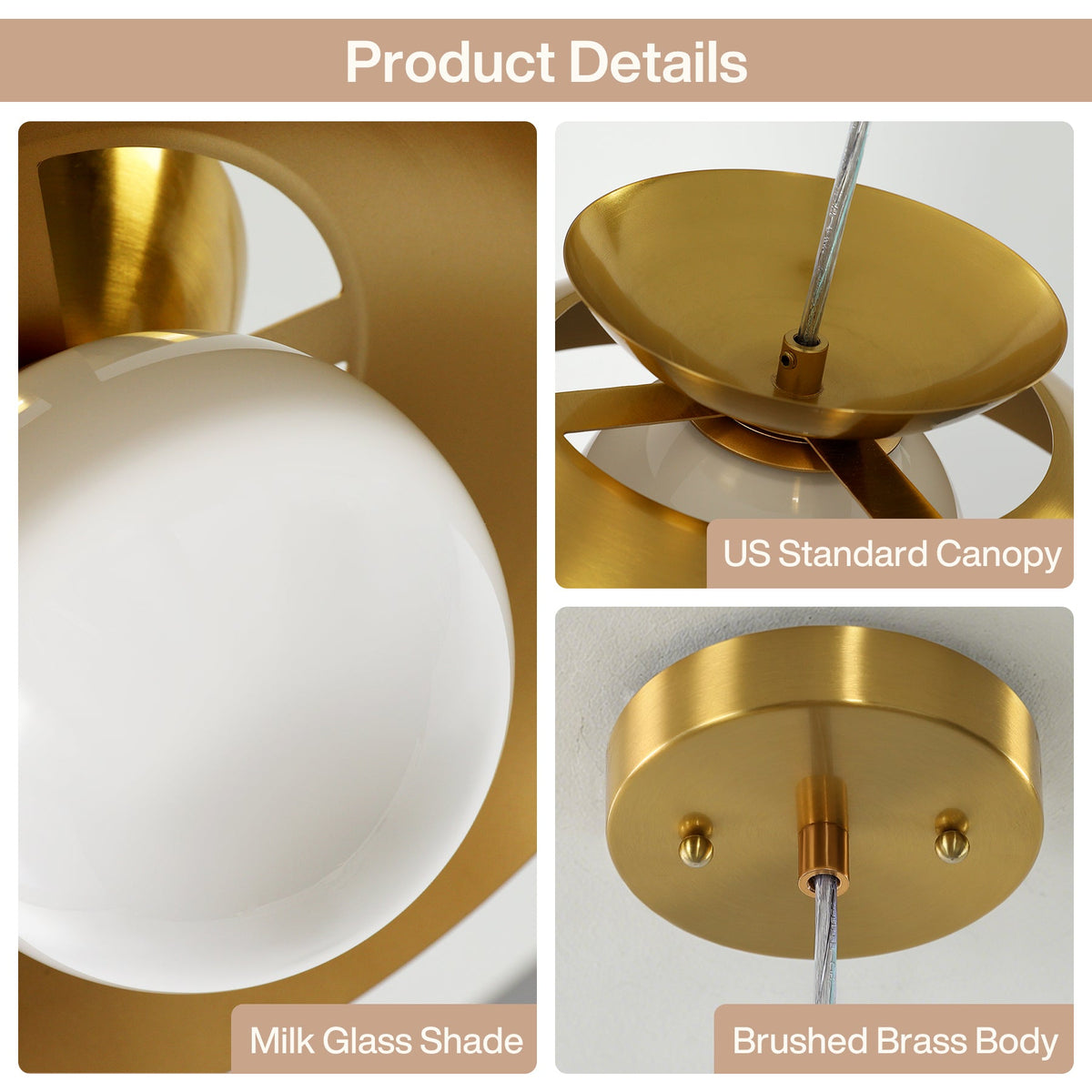 Close-up of brass dome pendant light with milk glass shade and brushed brass body